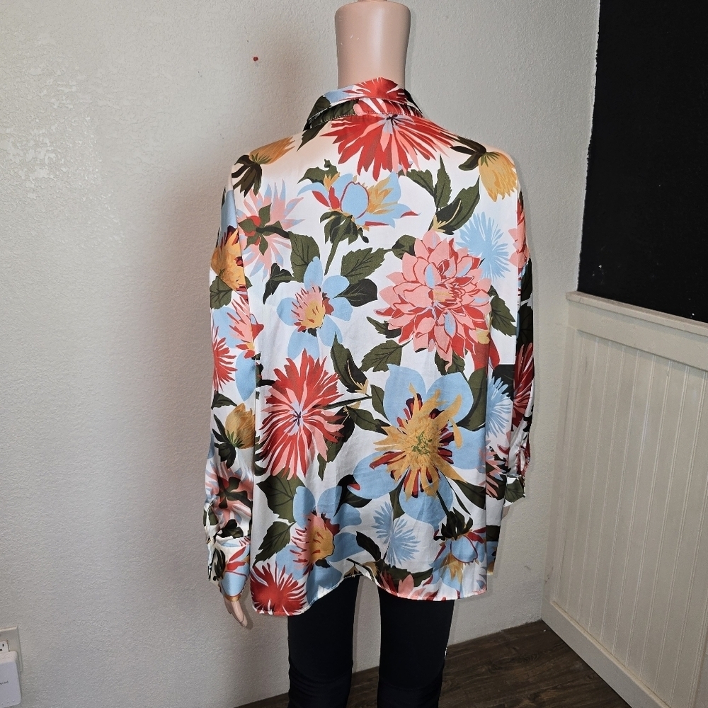 ZARA Satin Floral Printed Button-Down Shirt Long Sleeve Multicolored women’s Xl - Picture 3 of 11